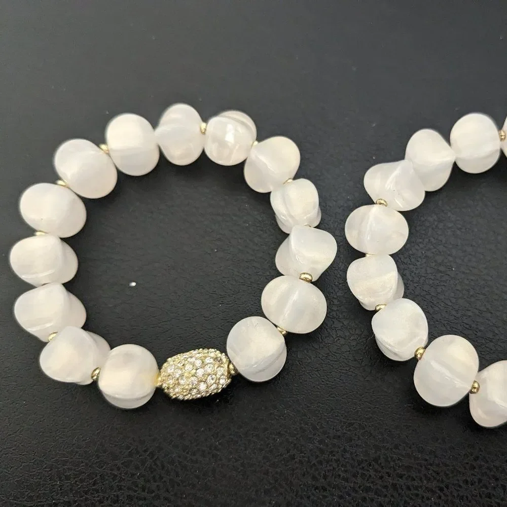 Set of 2 White Opalescent & Crystal Ball & Oval Bracelets - Elastic -